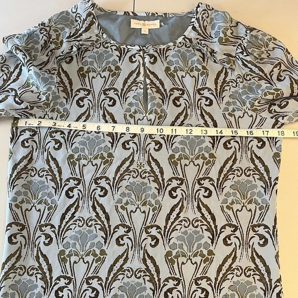 Tory Burch 100% Silk Wallpaper Floral Keyhole Frill Blouse Top Blue Size 4 - Picture 11 of 13